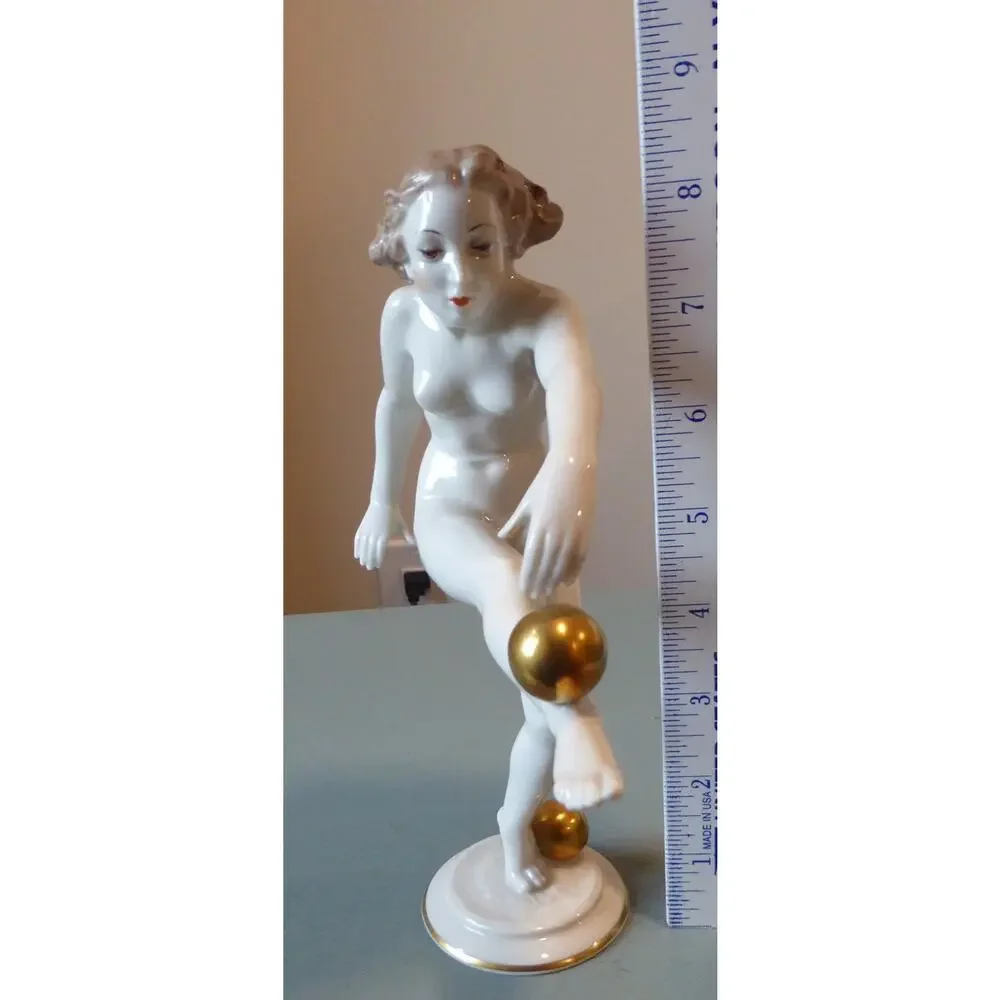 Hutschenreuther Art Deco Nude Woman Figurine Gold Ball 8.5